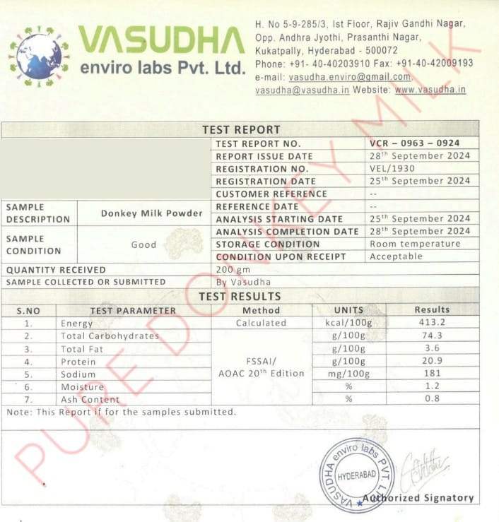 Our Donkey Milk LAB Test Report